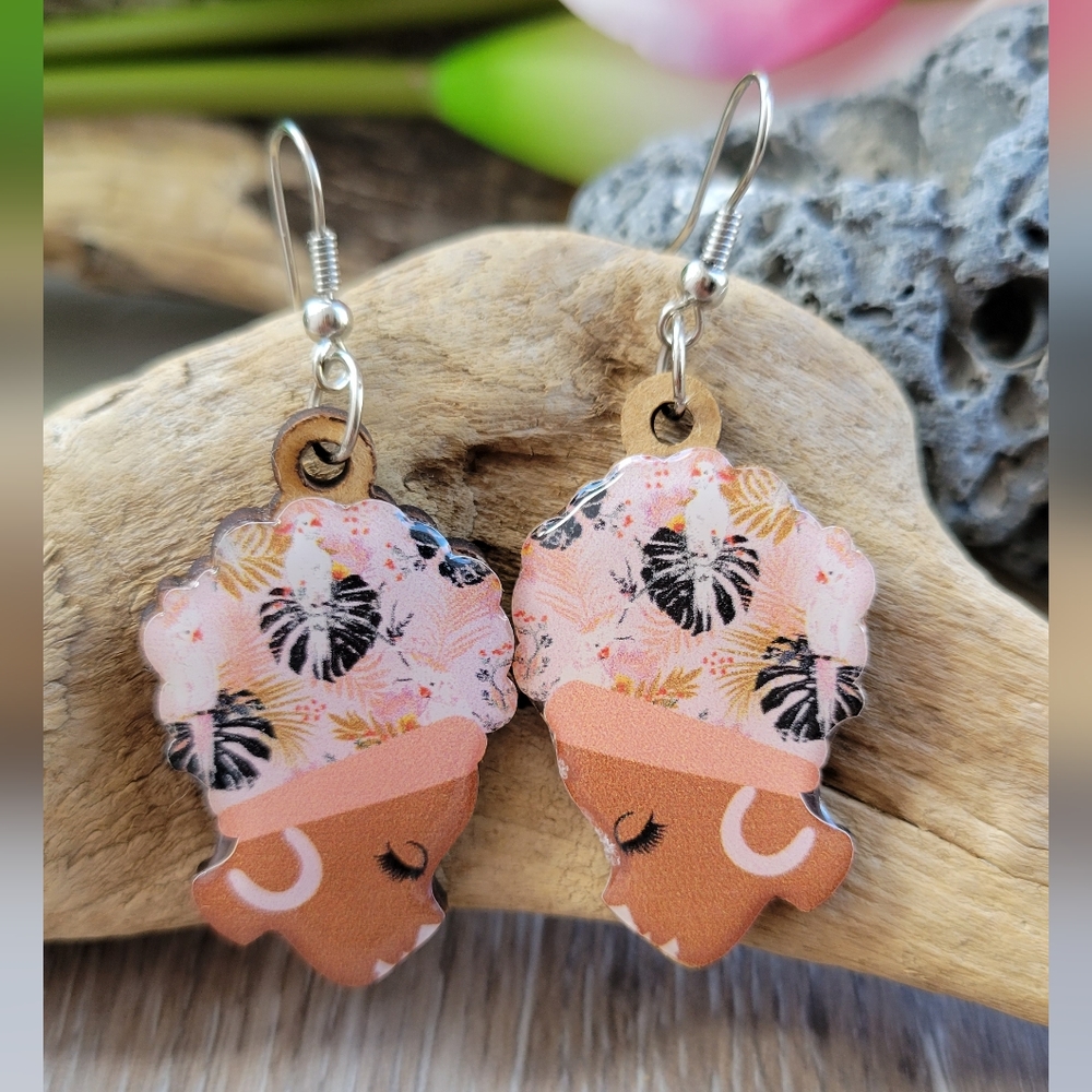 Handmade Cute Afro American Girl Silhouette Wood Earrings